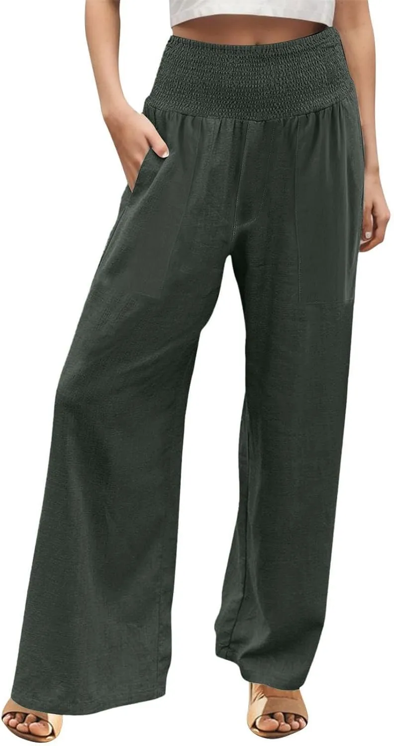 GOFULY Linen Pants Women Wide Leg Flowy High Rise Summer Pants Vacation 2025 Elastic Waist Baggy Solid Trouser with Pockets