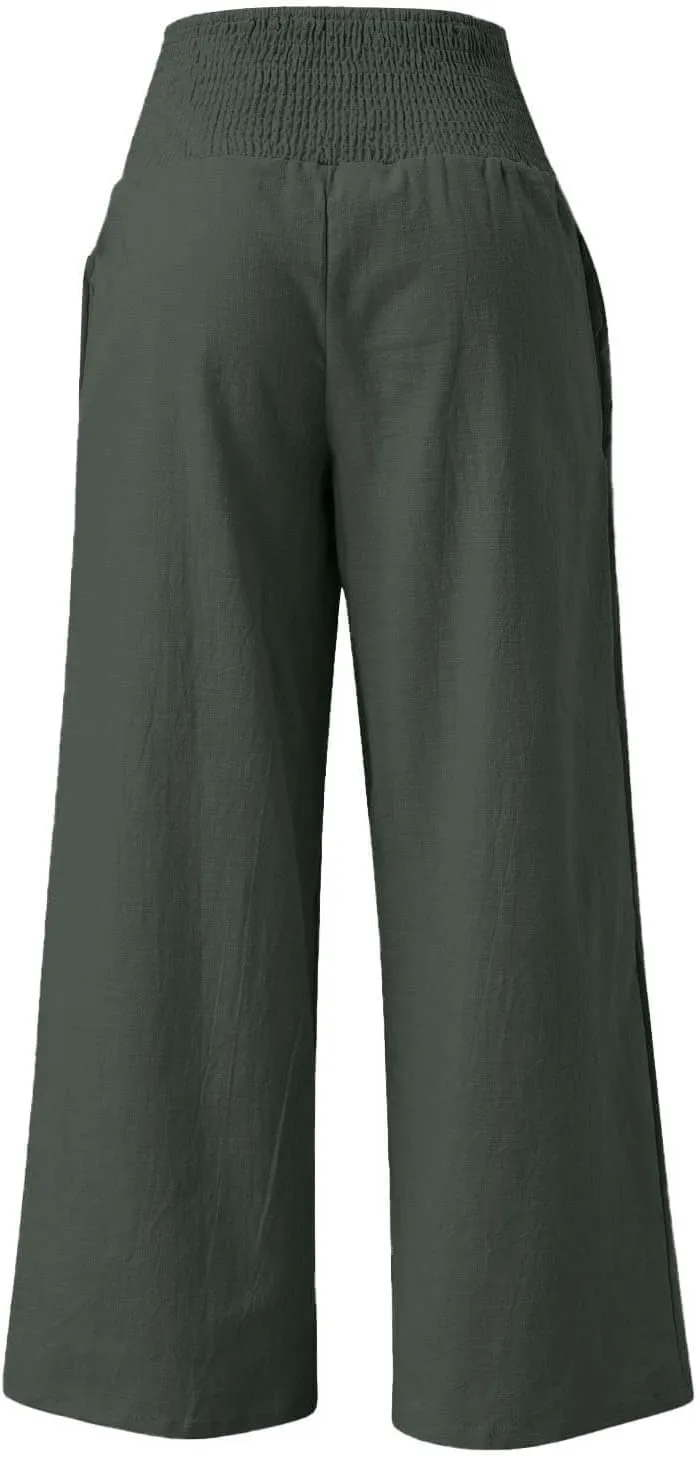 GOFULY Linen Pants Women Wide Leg Flowy High Rise Summer Pants Vacation 2025 Elastic Waist Baggy Solid Trouser with Pockets