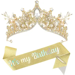 Gold Birthday Crowns & Sash Set - 'It's My Birthday' Tiara & Sash for Women & Girls
