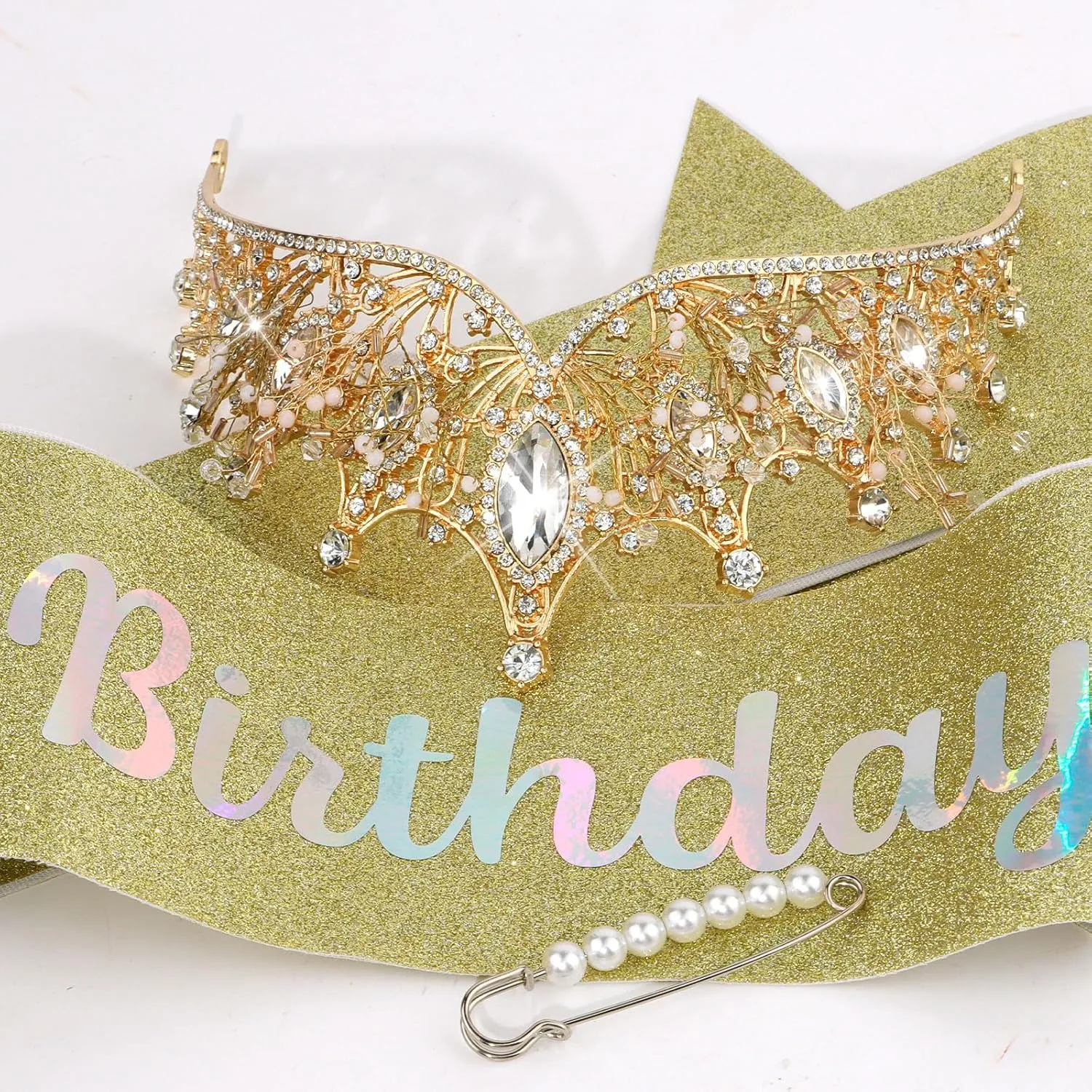 Gold Birthday Crowns & Sash Set - 'It's My Birthday' Tiara & Sash for Women & Girls