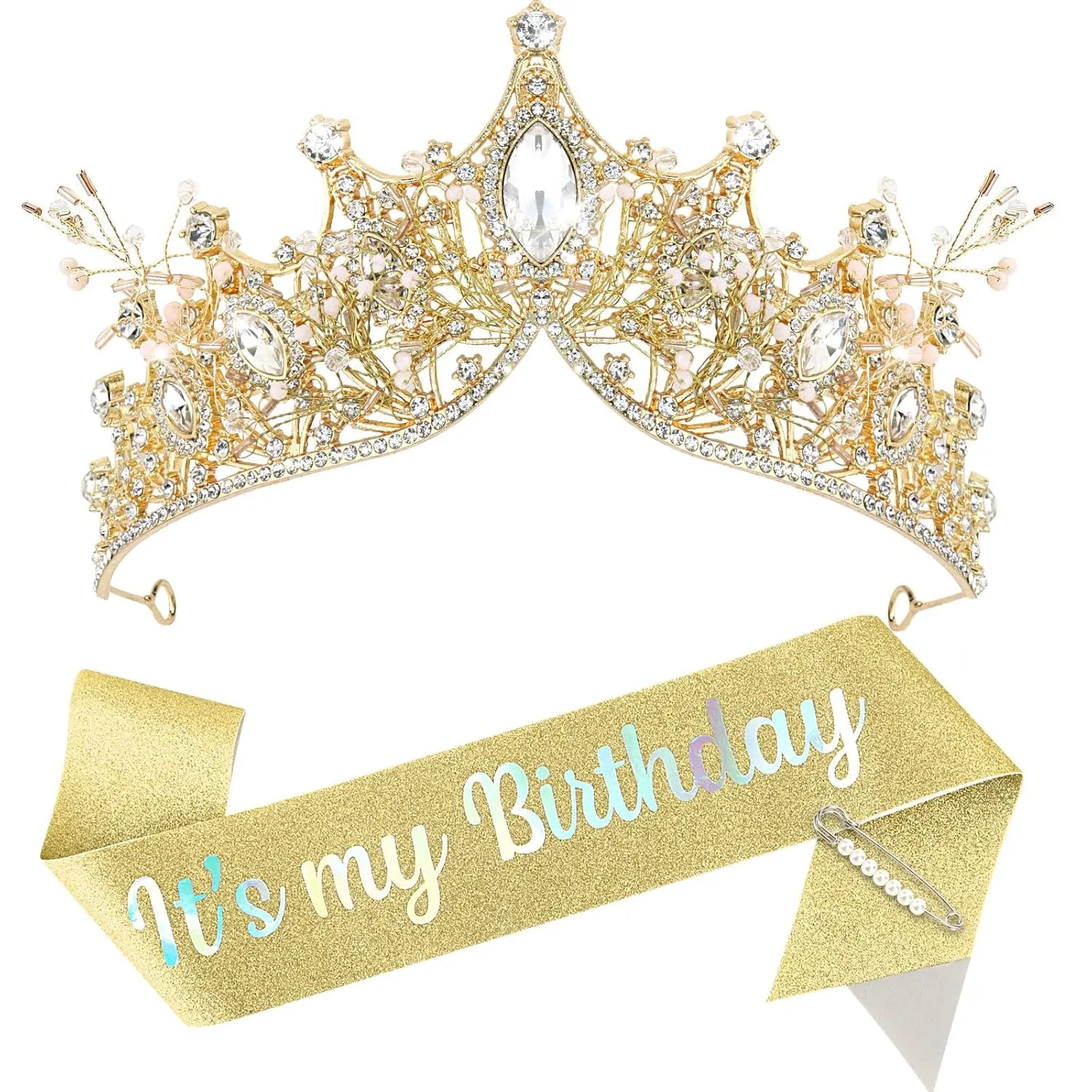 Gold Birthday Crowns & Sash Set - 'It's My Birthday' Tiara & Sash for Women & Girls