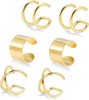 Gold Cuff Earrings for Women, Trendy Cute Ear Cuff Set Non Piercing Fake Helix Cartilage Huggie Cross Cuff Earrings, 14K Gold Plated Hypoallergenic Simple Double Lines Ear Cuff Earrings (6pcs)