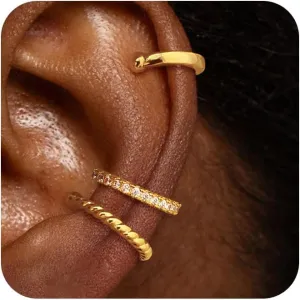 Gold Ear Cuff Earrings for Women Trendy Ear Cuffs Non Piercing Cartilage Earring Clip on Earrings Cubic Zirconia Chunky Thin 14K Gold Plated/Sterling Silver Hypoallergenic Fake Earrings Set Gold Jewelry