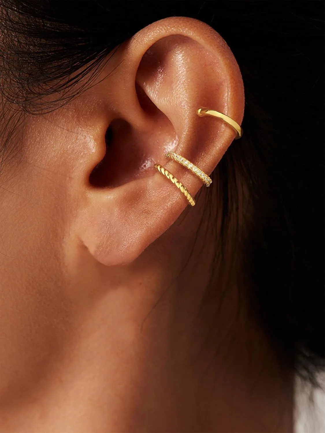 Gold Ear Cuff Earrings for Women Trendy Ear Cuffs Non Piercing Cartilage Earring Clip on Earrings Cubic Zirconia Chunky Thin 14K Gold Plated/Sterling Silver Hypoallergenic Fake Earrings Set Gold Jewelry