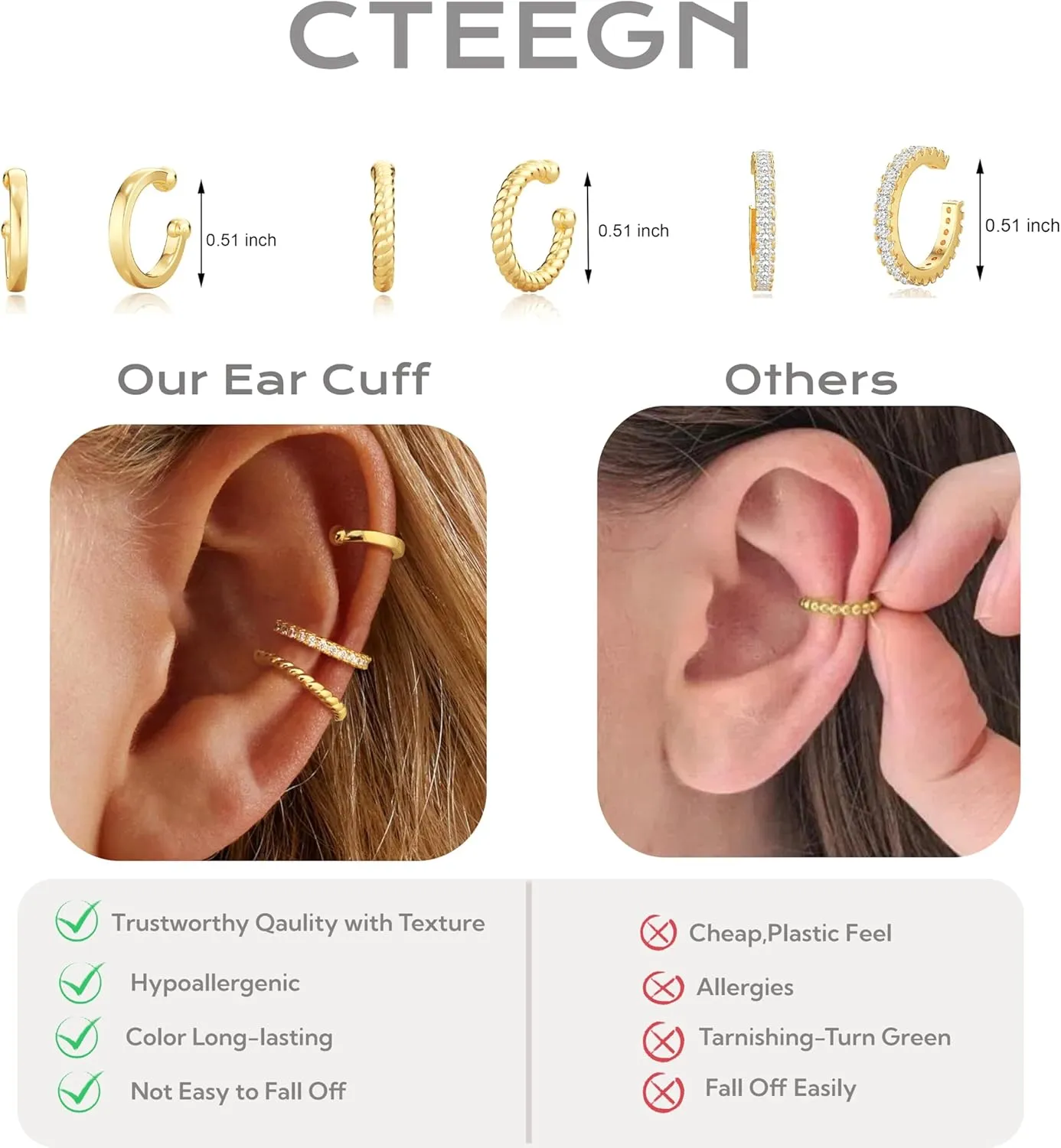 Gold Ear Cuff Earrings for Women Trendy Ear Cuffs Non Piercing Cartilage Earring Clip on Earrings Cubic Zirconia Chunky Thin 14K Gold Plated/Sterling Silver Hypoallergenic Fake Earrings Set Gold Jewelry