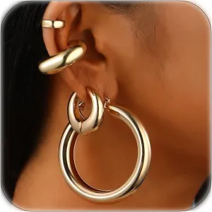 Gold Ear Cuffs for Women,Chunky Gold Hoop Earrings Set Punk Silver Non-Piercing Clip On Earrings Hypoallergenic Huggie Earrings