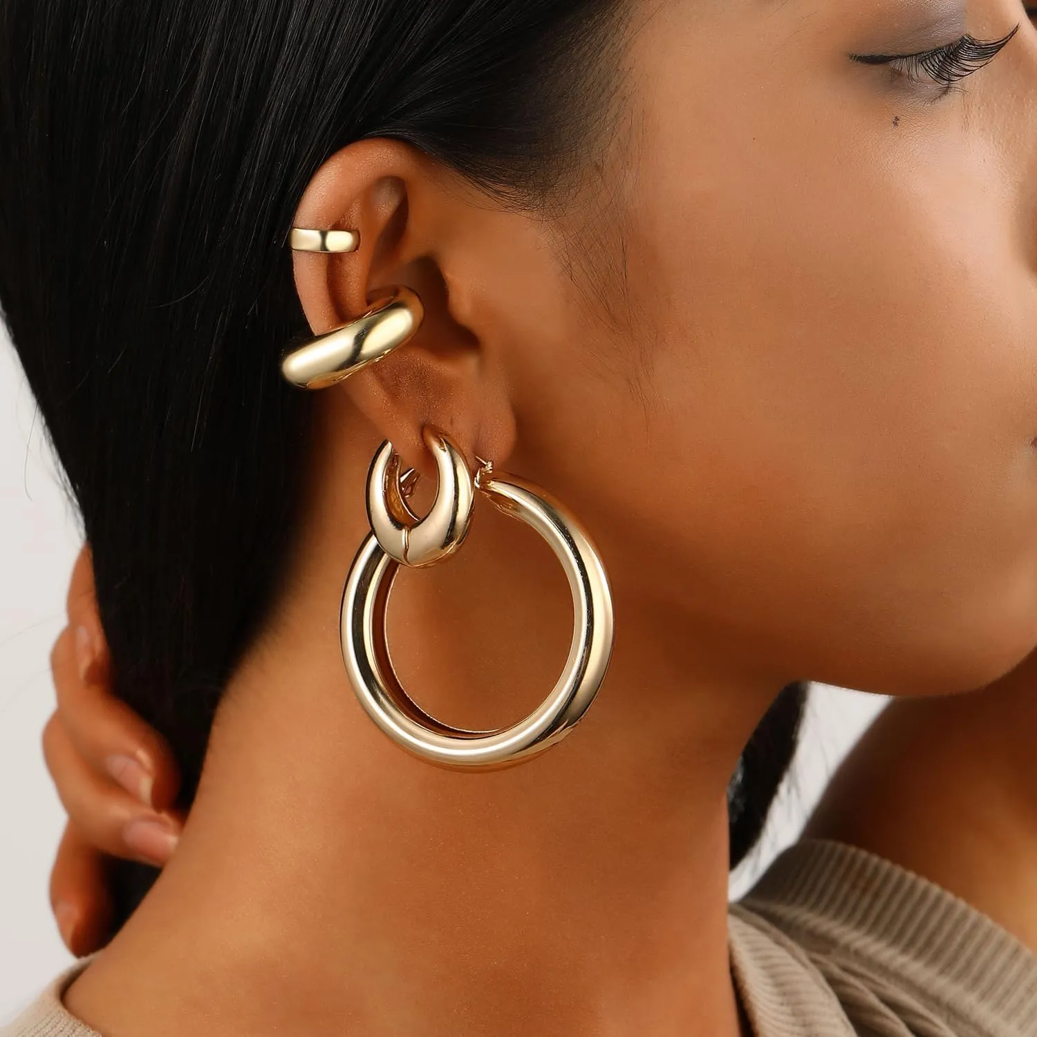 Gold Ear Cuffs for Women,Chunky Gold Hoop Earrings Set Punk Silver Non-Piercing Clip On Earrings Hypoallergenic Huggie Earrings