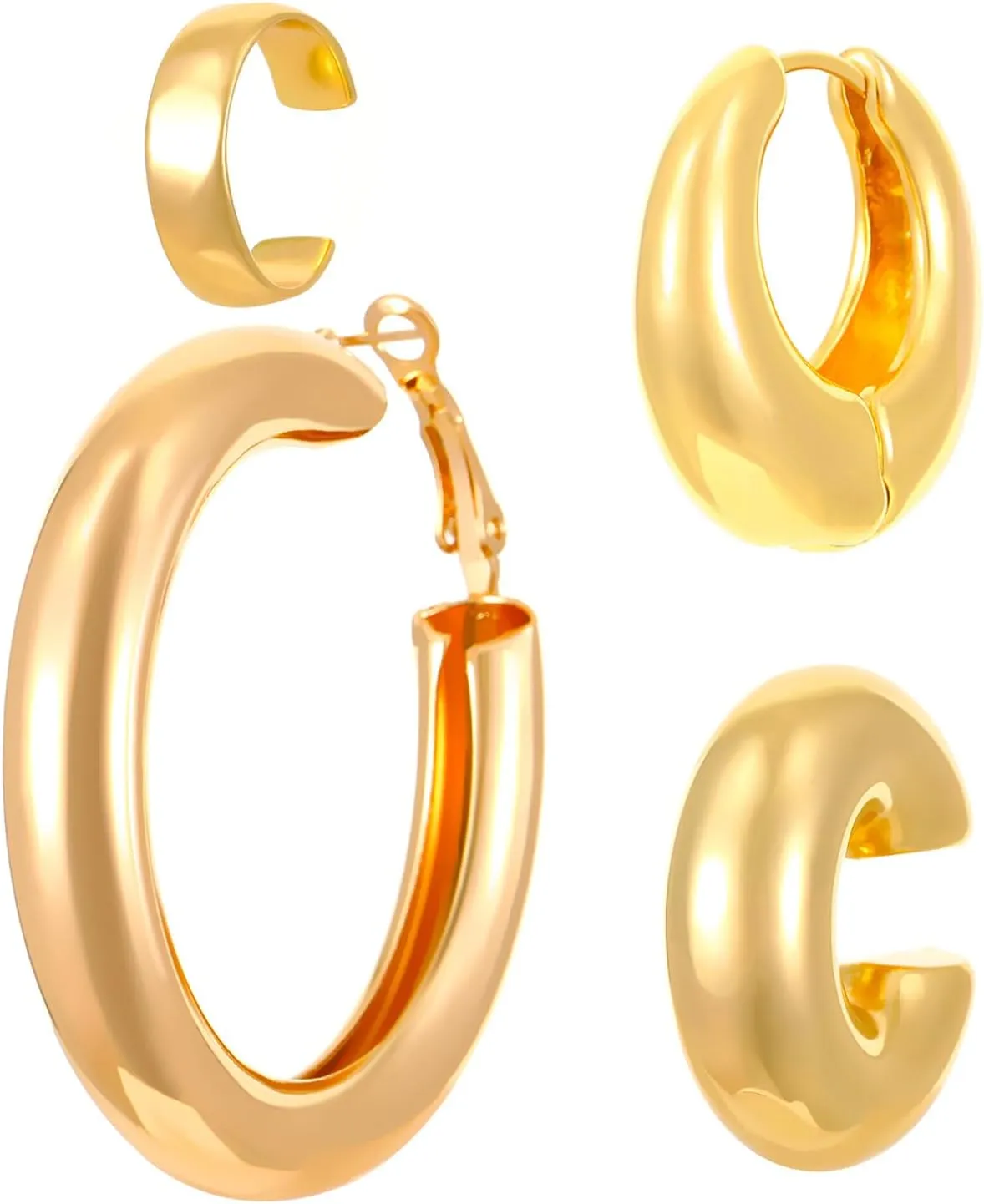 Gold Ear Cuffs for Women,Chunky Gold Hoop Earrings Set Punk Silver Non-Piercing Clip On Earrings Hypoallergenic Huggie Earrings