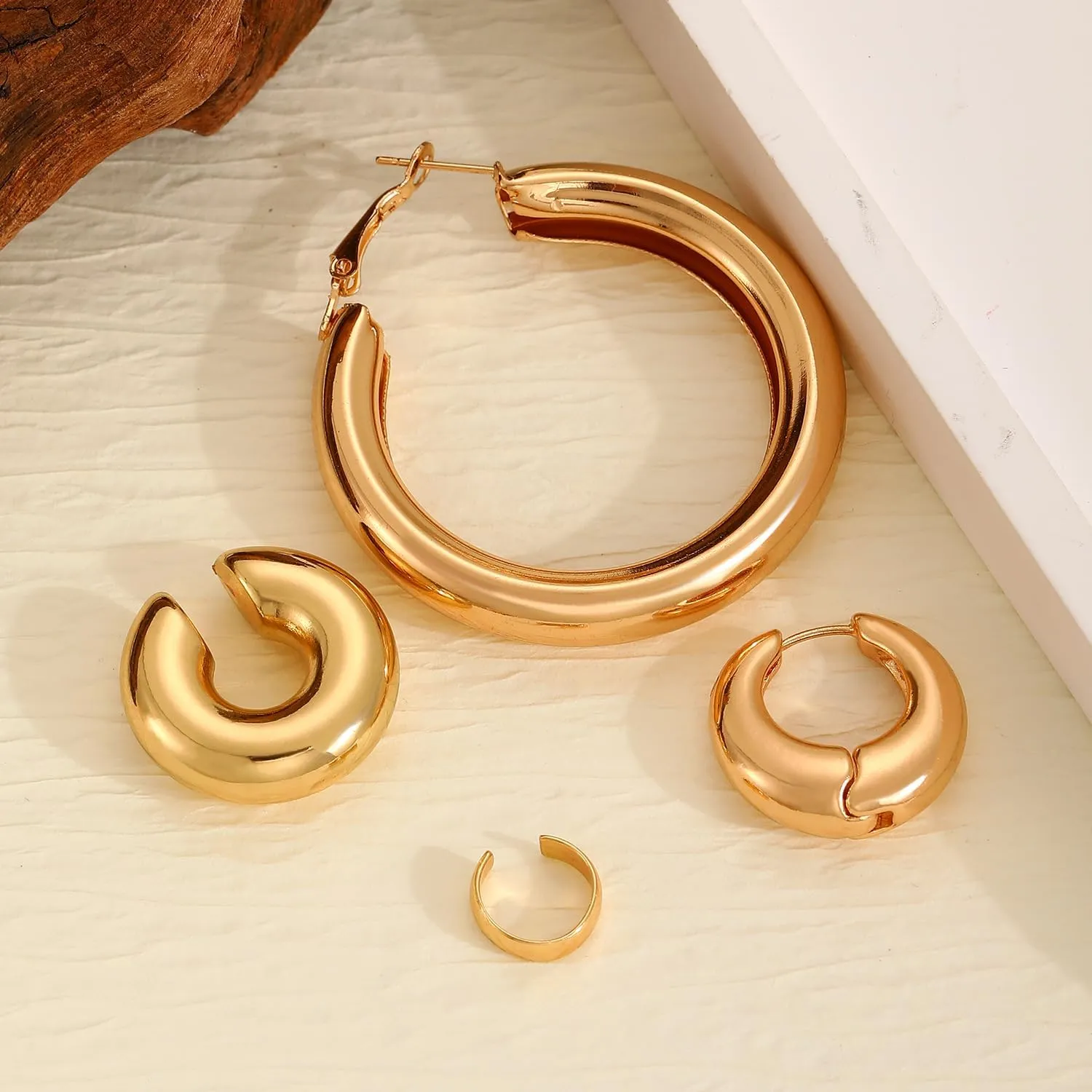 Gold Ear Cuffs for Women,Chunky Gold Hoop Earrings Set Punk Silver Non-Piercing Clip On Earrings Hypoallergenic Huggie Earrings