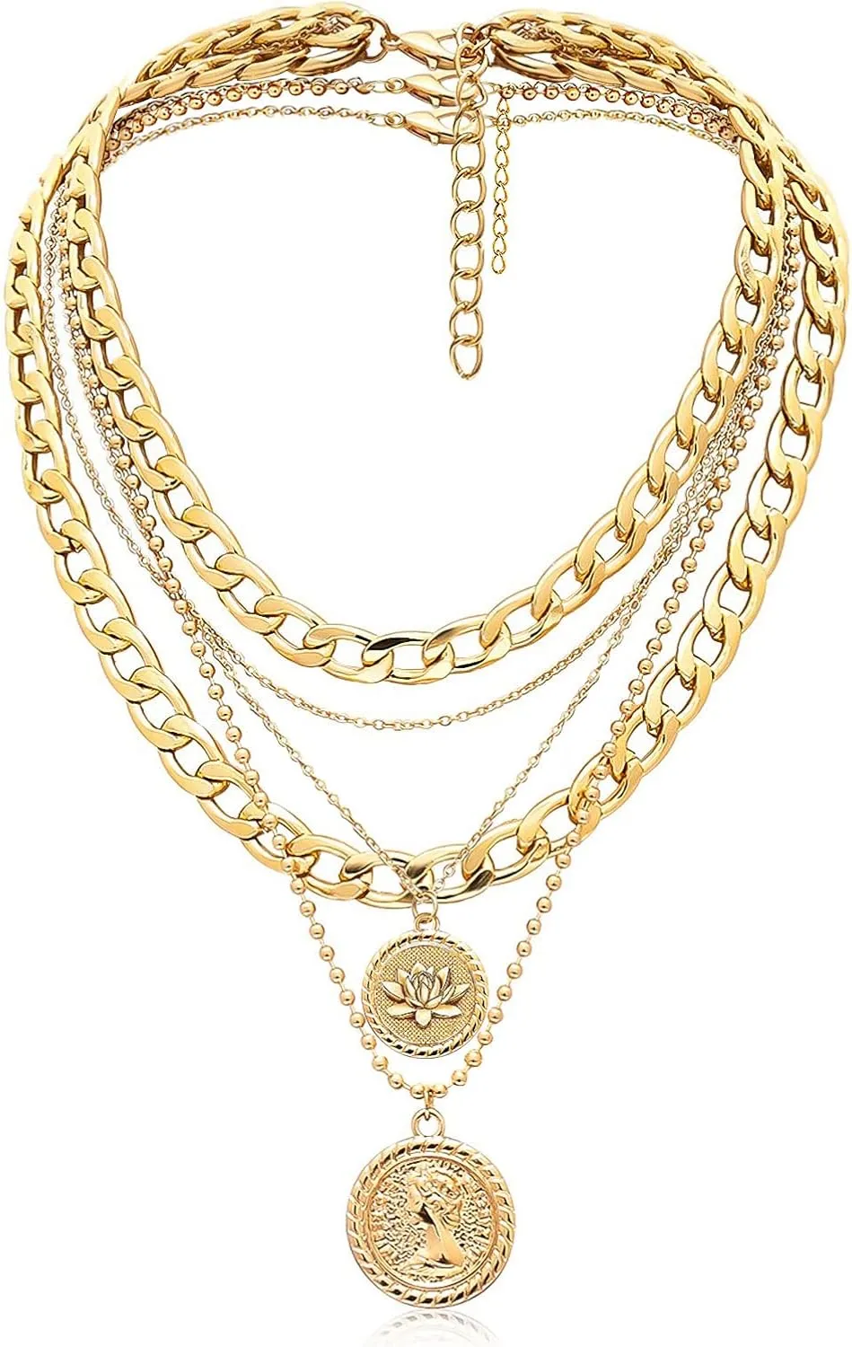 Gold Layered Necklaces for Women Chunky Choker Link Chain Trendy Retro Coin 14K Pendant Necklace Handmade Dainty Layering Poppy Lotus Rose Birth Flower Necklaces Gift