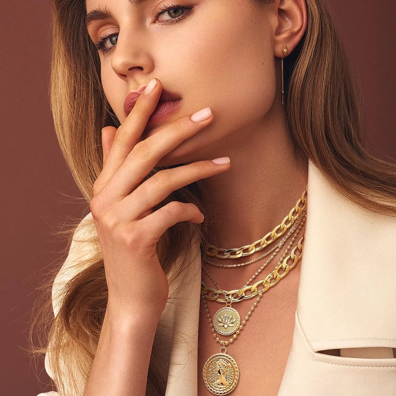 Gold Layered Necklaces for Women Chunky Choker Link Chain Trendy Retro Coin 14K Pendant Necklace Handmade Dainty Layering Poppy Lotus Rose Birth Flower Necklaces Gift