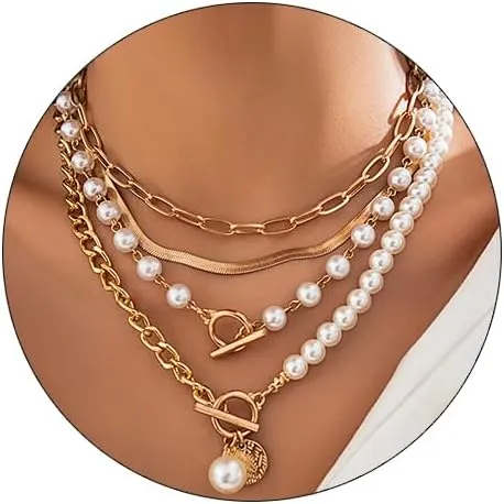 Gold Layered Pearl Chain Necklace - Chunky, Multilayered Design for Women