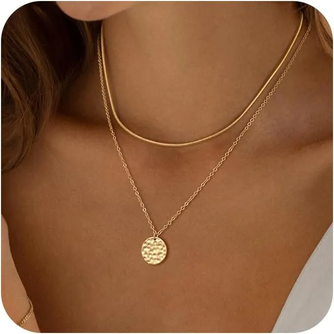 Gold Necklace Stack For Women,14K Gold Plated Simple Layered Choker Necklaces,Stackable Disc Circle Pendant Twist Chain Necklaces Set Jewelry Gift for Women