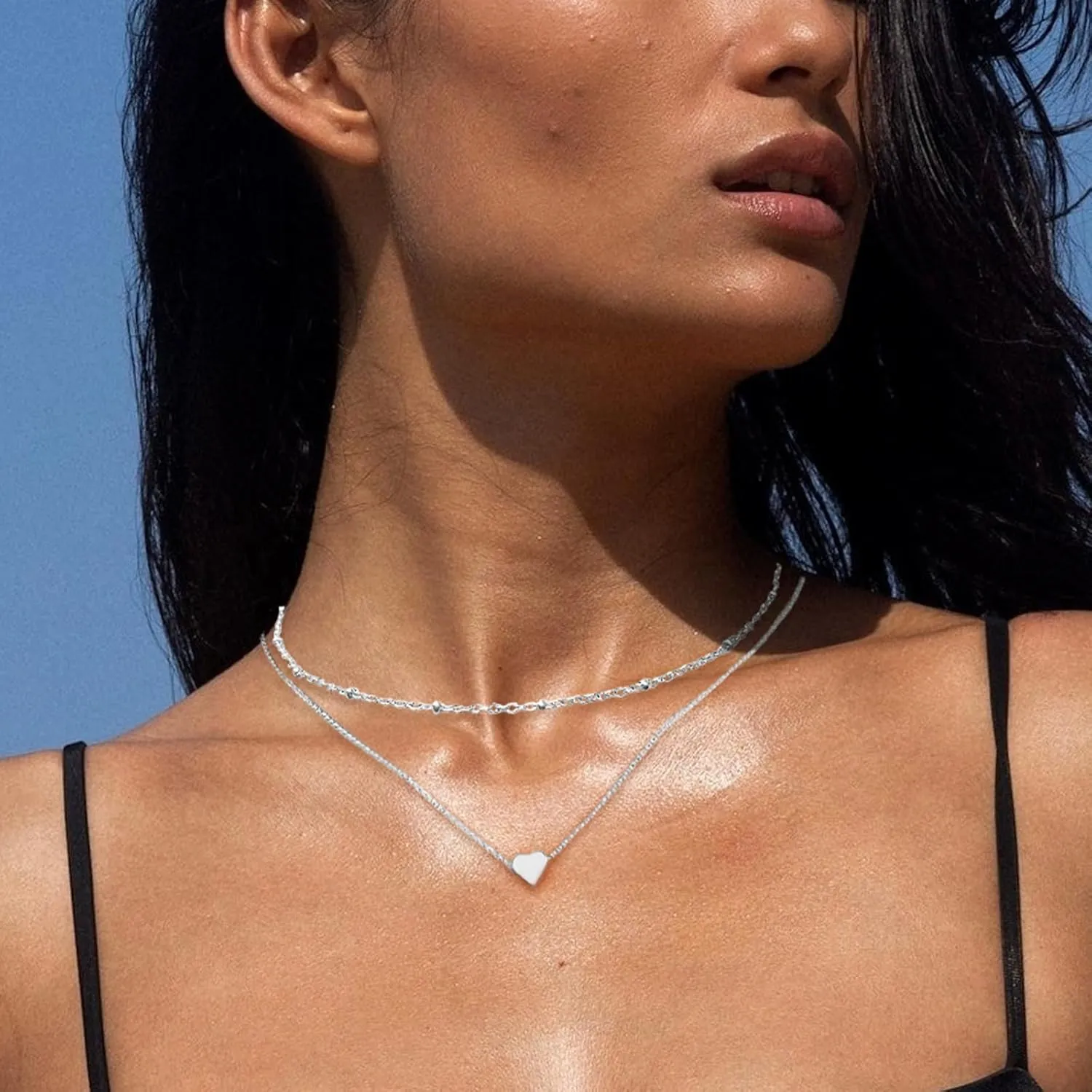 Gold Necklaces Stack for Women, Silver Layered Cute Dainty Bow Heart Pendant Stackable Necklace Simple Stainless Steel Small Thin Chain Choker Necklaces Jewelry Set