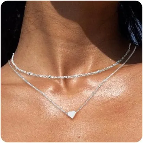 Gold Necklaces Stack for Women, Silver Layered Cute Dainty Bow Heart Pendant Stackable Necklace Simple Stainless Steel Small Thin Chain Choker Necklaces Jewelry Set