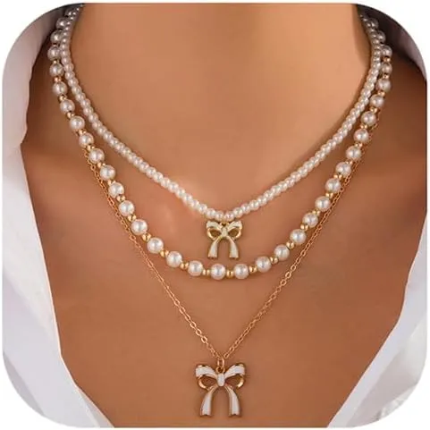Gold Pearl Bow Necklace for Women Layered Choker Chain Necklace Bow Necklace,Layered Initial Necklaces Cute Bow Pendant Jewelry Trendy Necklaces for Women Gold Jewelry Gift