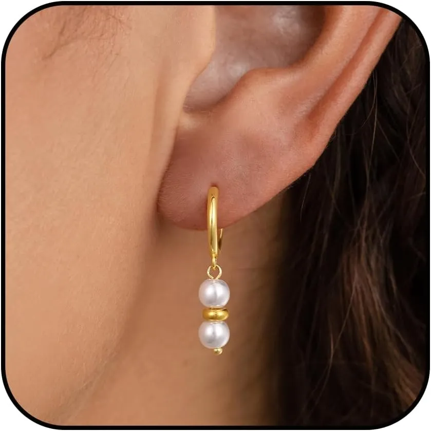 Gold Pearl Dangle Earrings for Women, Trendy 14K Gold Plated Hoop Earrings Dainty Pearl Drop Tiny Hoop Stud Earrings Cute Simple Gold Hypoallergenic Lightweight Jewelry Gifts for Women