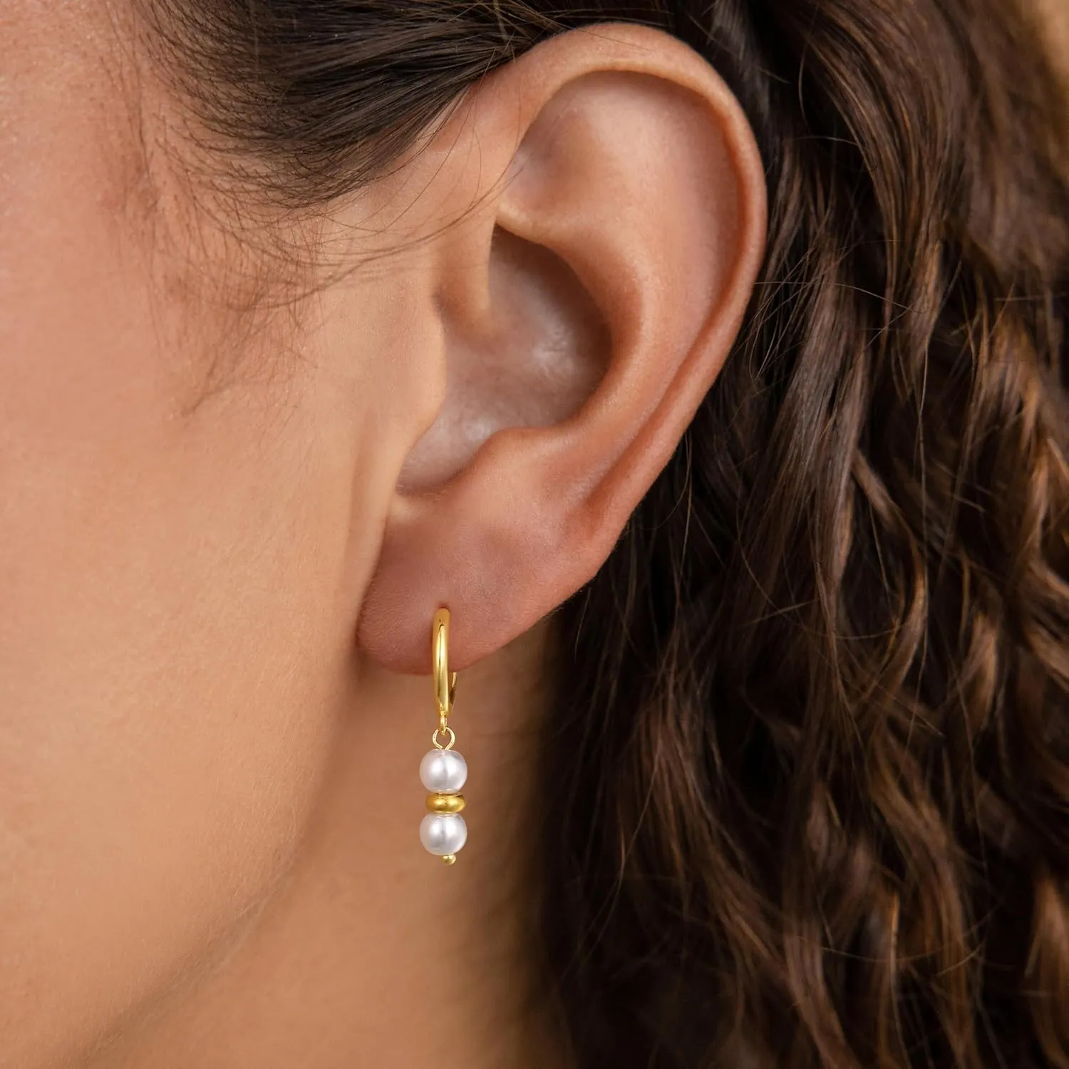 Gold Pearl Dangle Earrings for Women, Trendy 14K Gold Plated Hoop Earrings Dainty Pearl Drop Tiny Hoop Stud Earrings Cute Simple Gold Hypoallergenic Lightweight Jewelry Gifts for Women