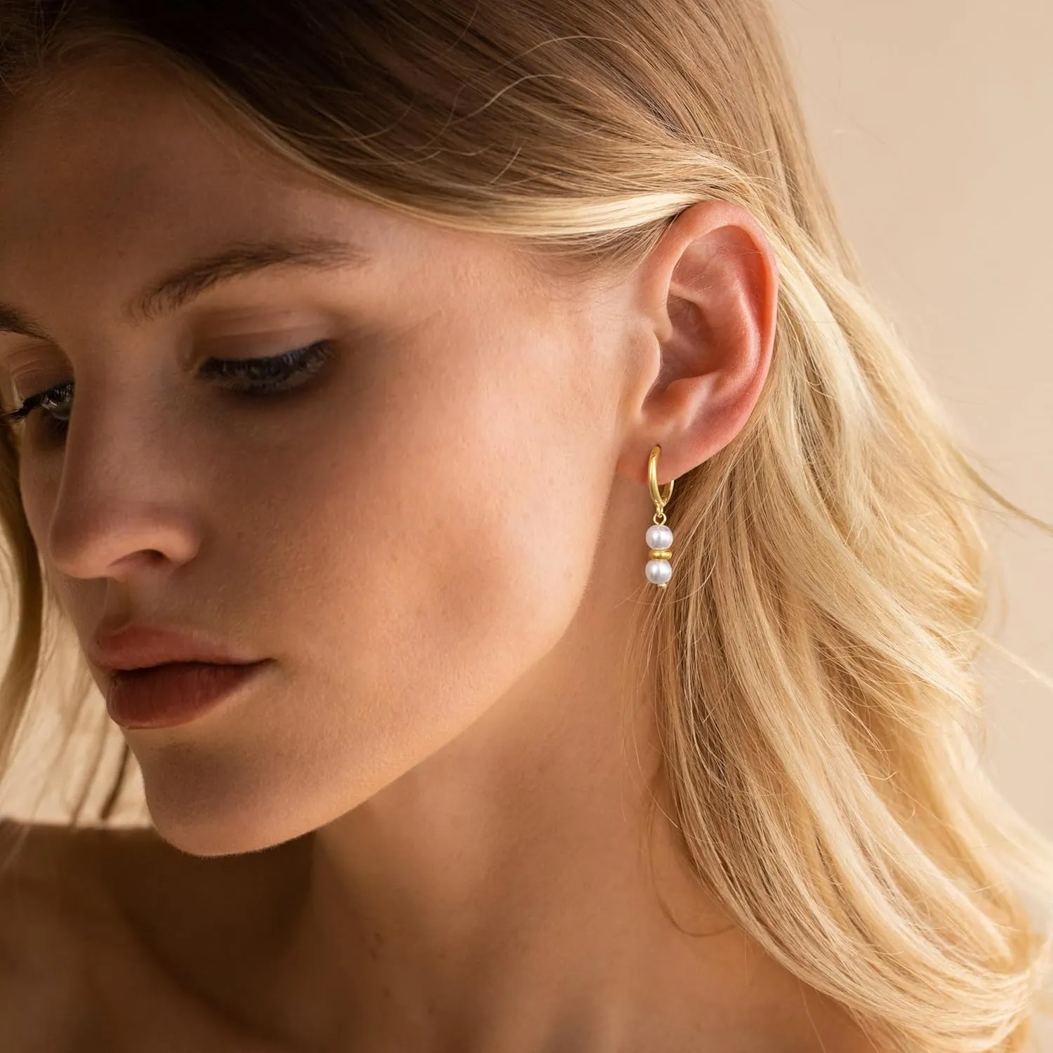 Gold Pearl Dangle Earrings for Women, Trendy 14K Gold Plated Hoop Earrings Dainty Pearl Drop Tiny Hoop Stud Earrings Cute Simple Gold Hypoallergenic Lightweight Jewelry Gifts for Women