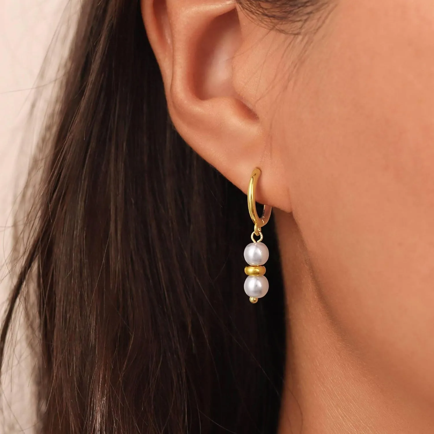 Gold Pearl Dangle Earrings for Women, Trendy 14K Gold Plated Hoop Earrings Dainty Pearl Drop Tiny Hoop Stud Earrings Cute Simple Gold Hypoallergenic Lightweight Jewelry Gifts for Women