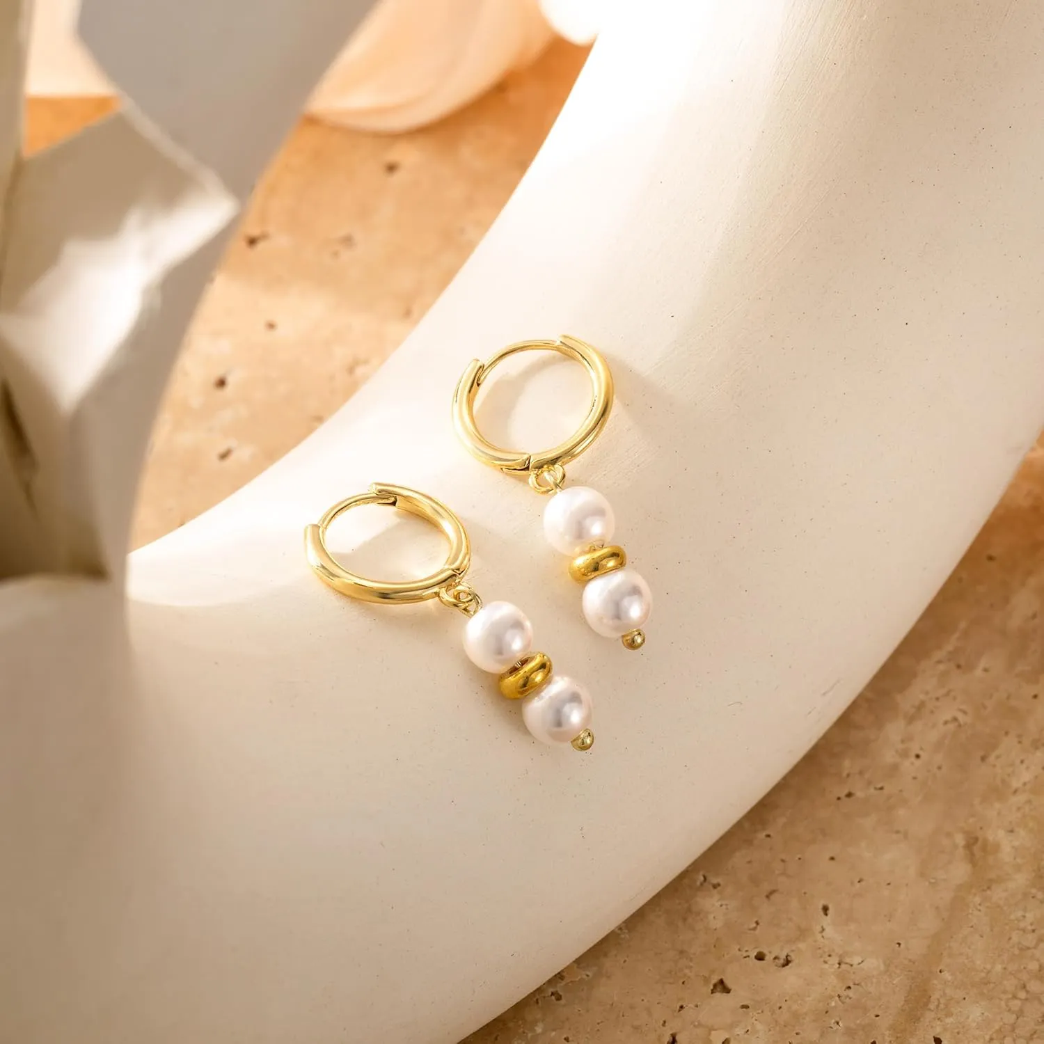 Gold Pearl Dangle Earrings for Women, Trendy 14K Gold Plated Hoop Earrings Dainty Pearl Drop Tiny Hoop Stud Earrings Cute Simple Gold Hypoallergenic Lightweight Jewelry Gifts for Women