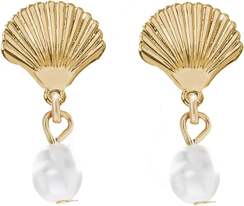 Gold Shell Drop Earrings for Women Baroque Pearl Seashell Starfish Dangle Earrings Ocean Beach Earrings Summer Jewelry Gift for Women