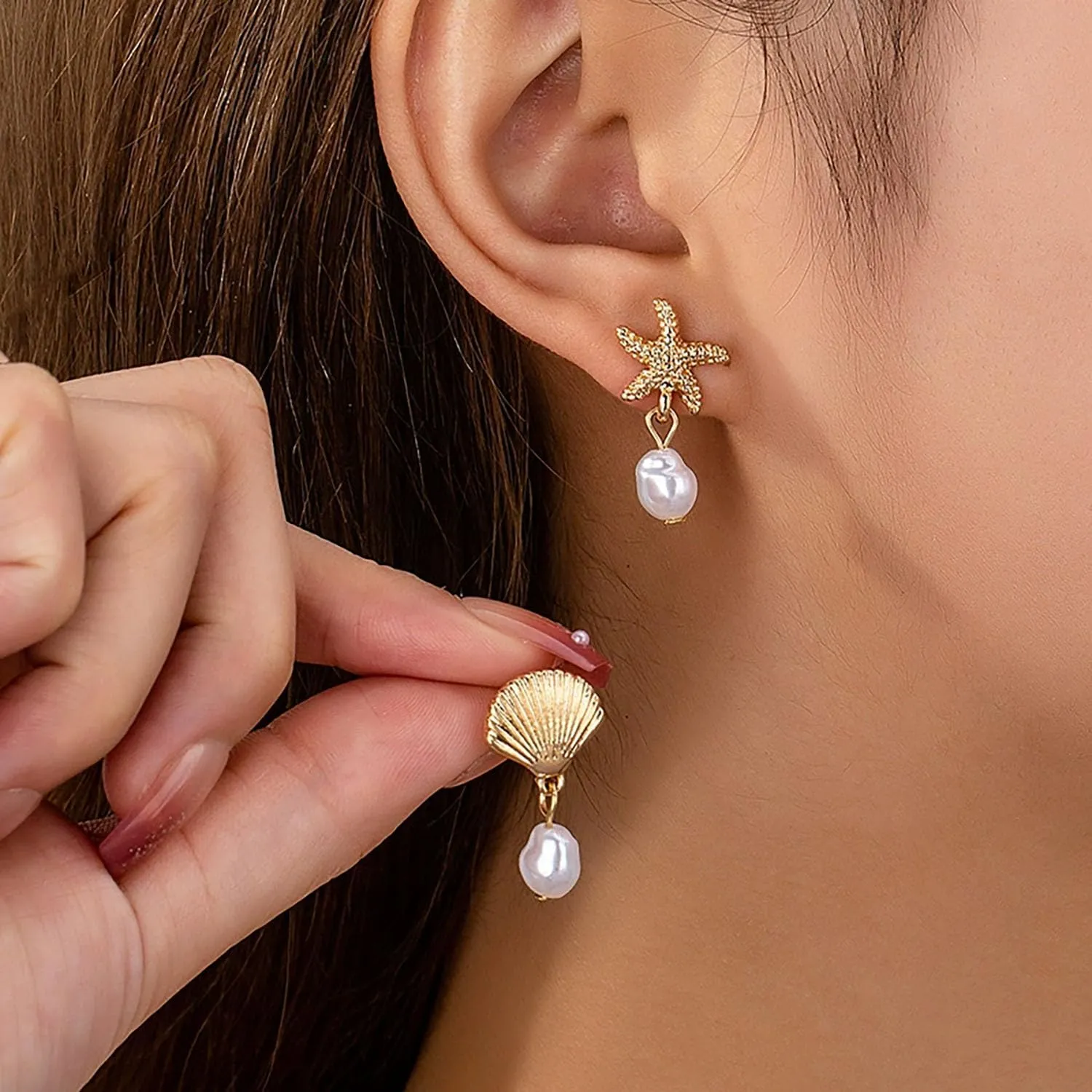 Gold Shell Drop Earrings for Women Baroque Pearl Seashell Starfish Dangle Earrings Ocean Beach Earrings Summer Jewelry Gift for Women