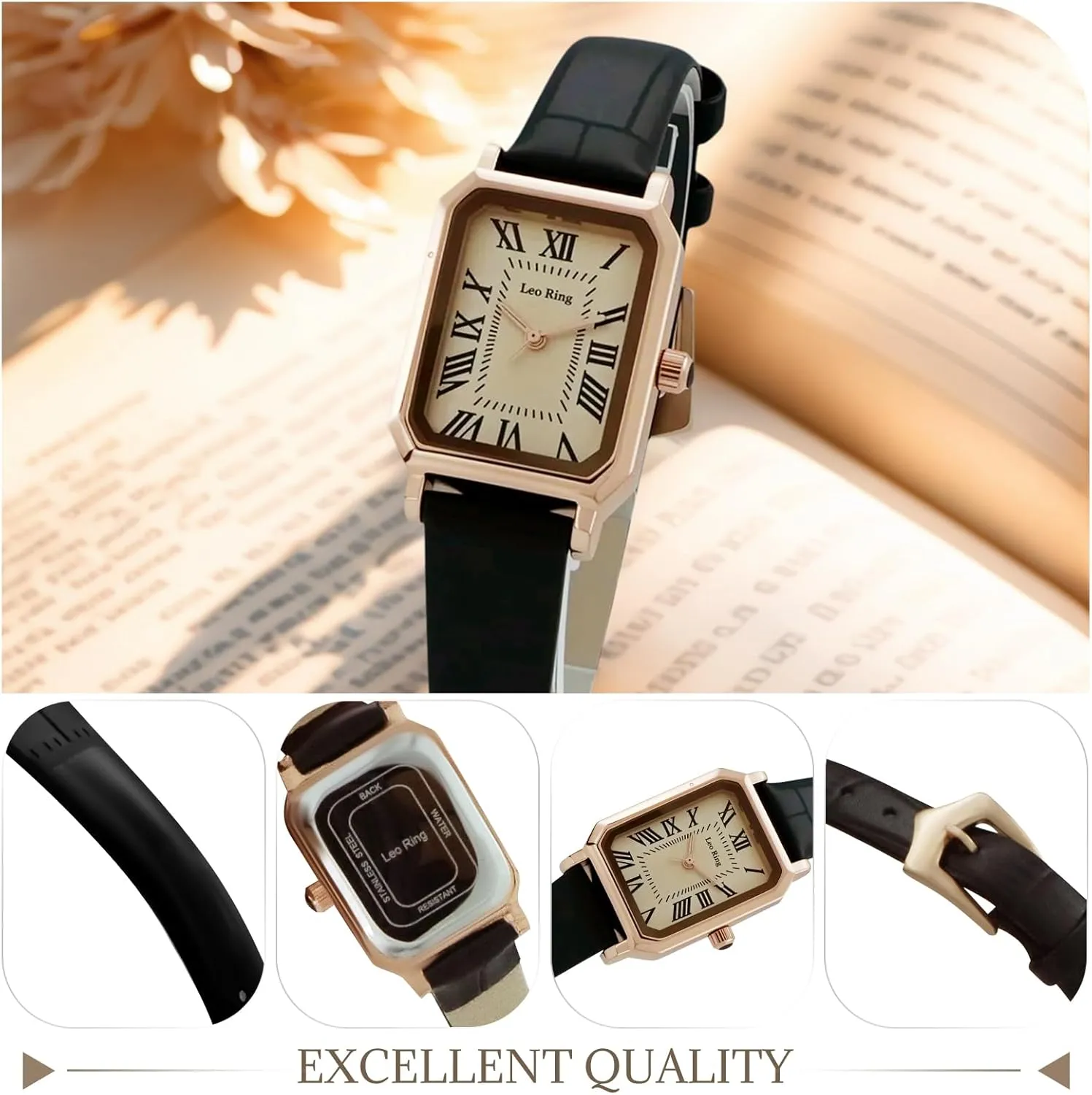 Gold Watches for Women Luxury Analog Wrist Watch Dainty Fashion Small Female Brown Leather Watch Rectangular Case Roman Dial