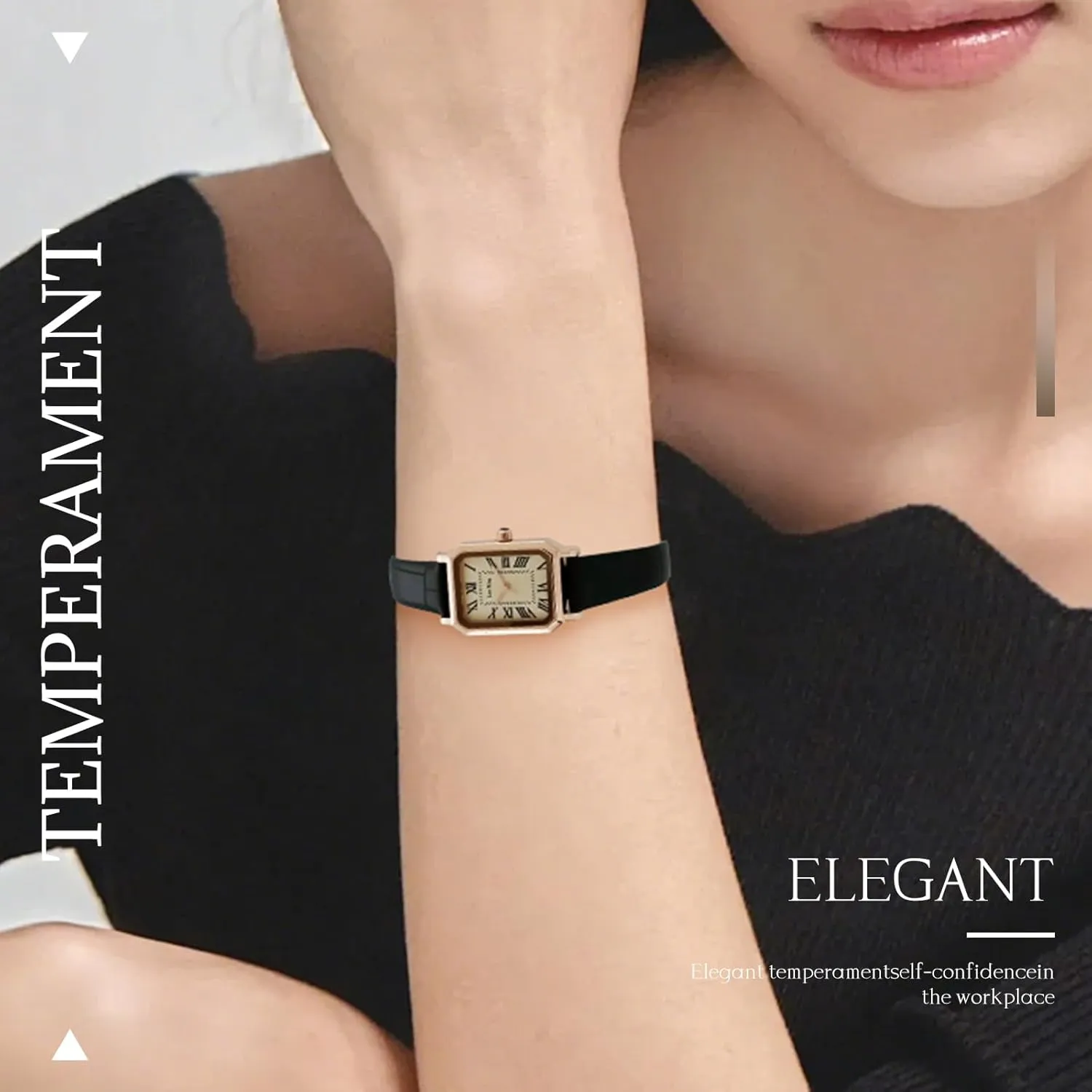 Gold Watches for Women Luxury Analog Wrist Watch Dainty Fashion Small Female Brown Leather Watch Rectangular Case Roman Dial