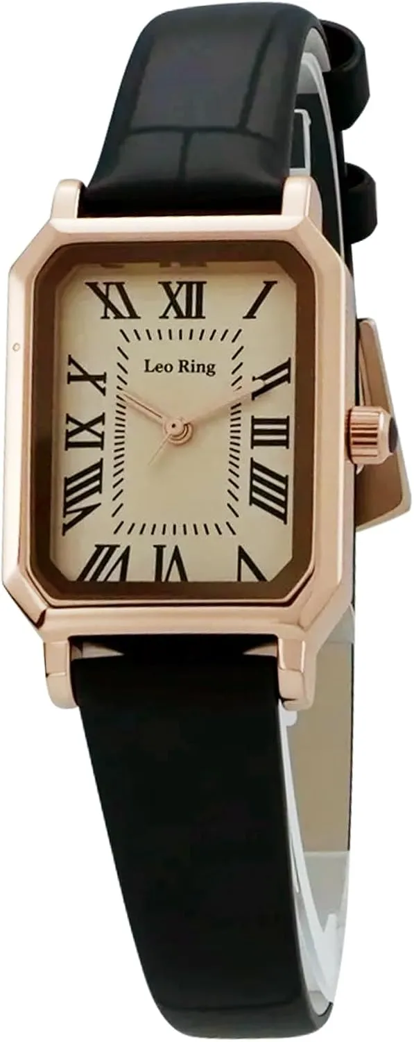 Gold Watches for Women Luxury Analog Wrist Watch Dainty Fashion Small Female Brown Leather Watch Rectangular Case Roman Dial