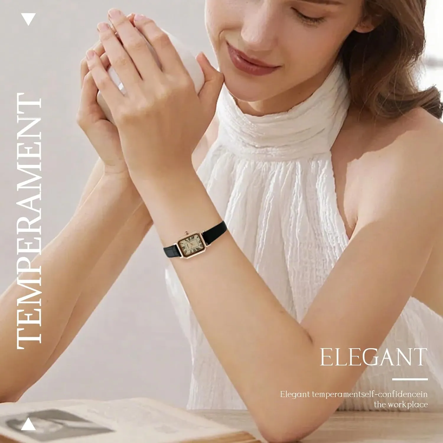 Gold Watches for Women Luxury Analog Wrist Watch Dainty Fashion Small Female Brown Leather Watch Rectangular Case Roman Dial