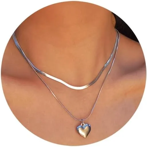 Gold/Silver Layered Necklace Heart Pendant Dainty Herringbone Chain Layering Necklace Choker Necklace Jewelry Gifts for Women