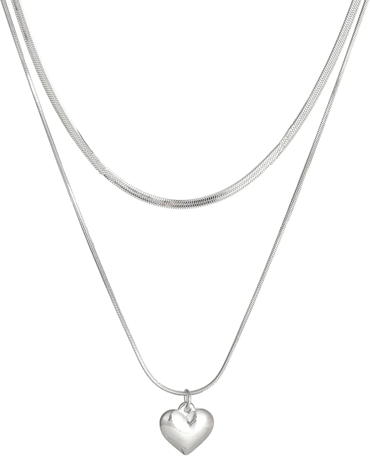 Gold/Silver Layered Necklace Heart Pendant Dainty Herringbone Chain Layering Necklace Choker Necklace Jewelry Gifts for Women