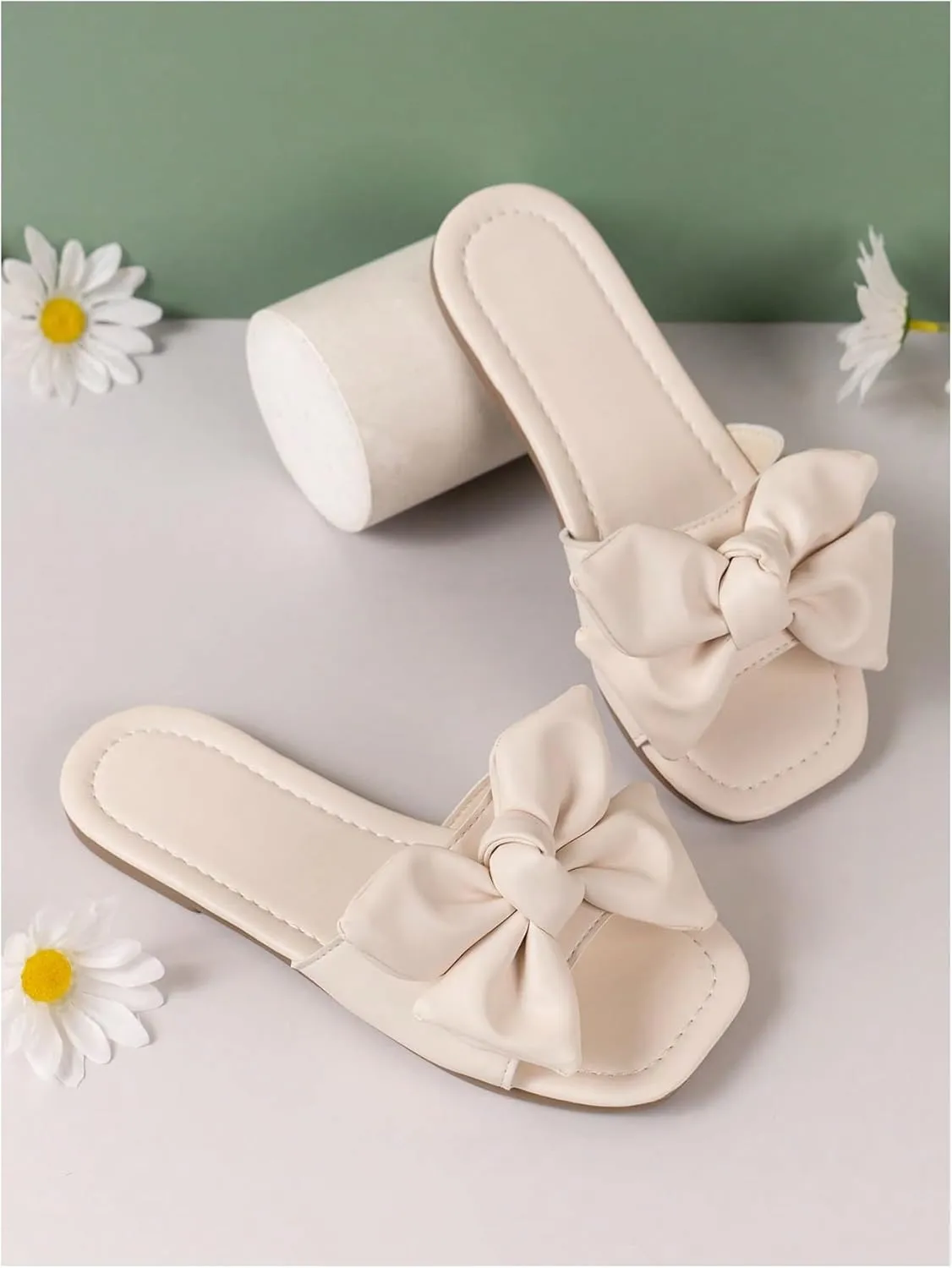 GORGLITTER Girl's Bow Tie Decor Single Band Flats Square Open Toe Pu Leather Slide Sandals