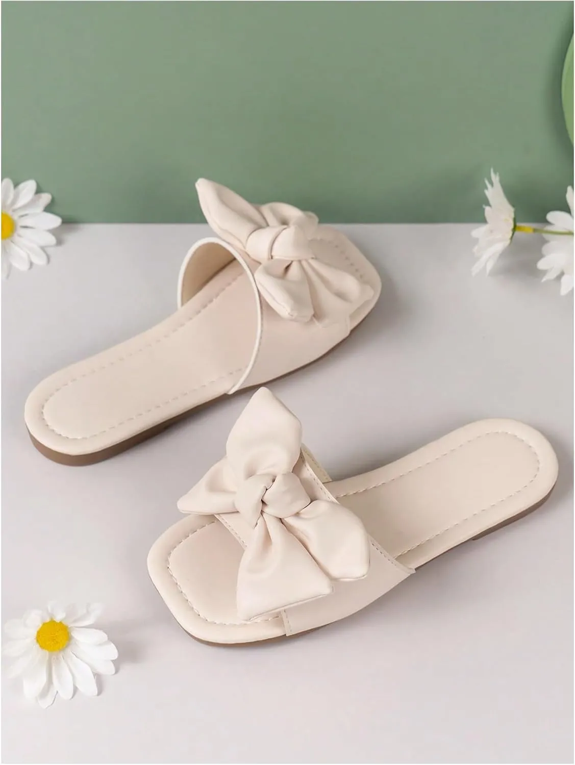 GORGLITTER Girl's Bow Tie Decor Single Band Flats Square Open Toe Pu Leather Slide Sandals