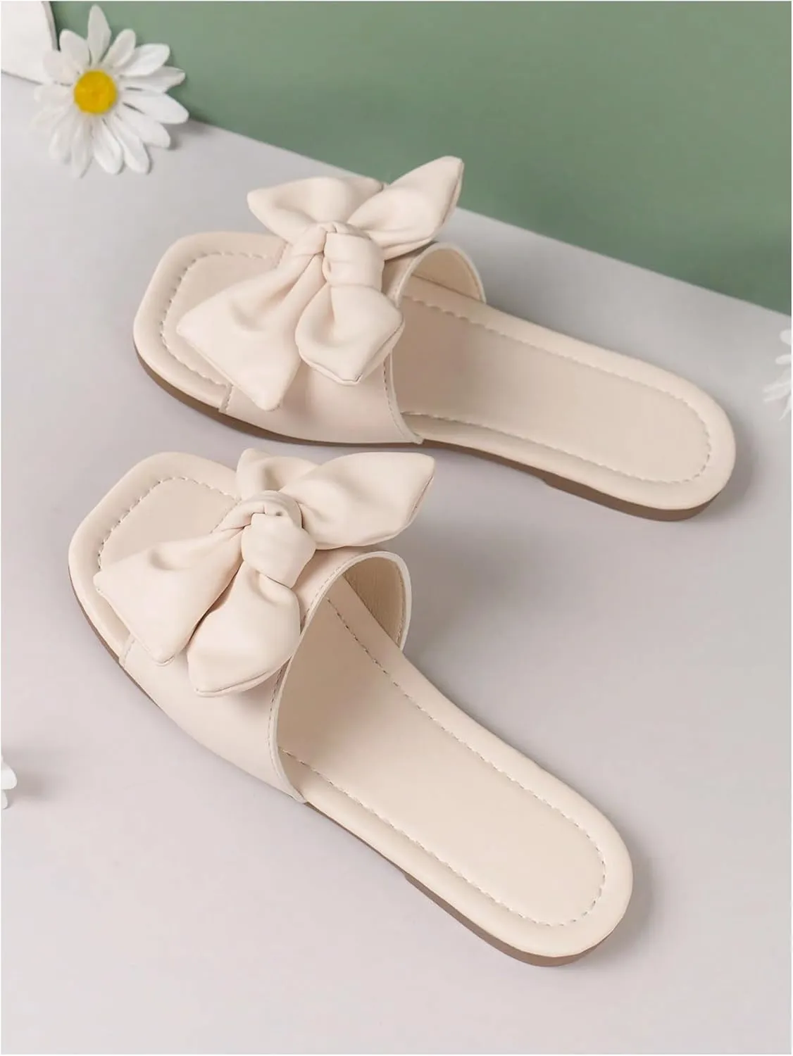 GORGLITTER Girl's Bow Tie Decor Single Band Flats Square Open Toe Pu Leather Slide Sandals