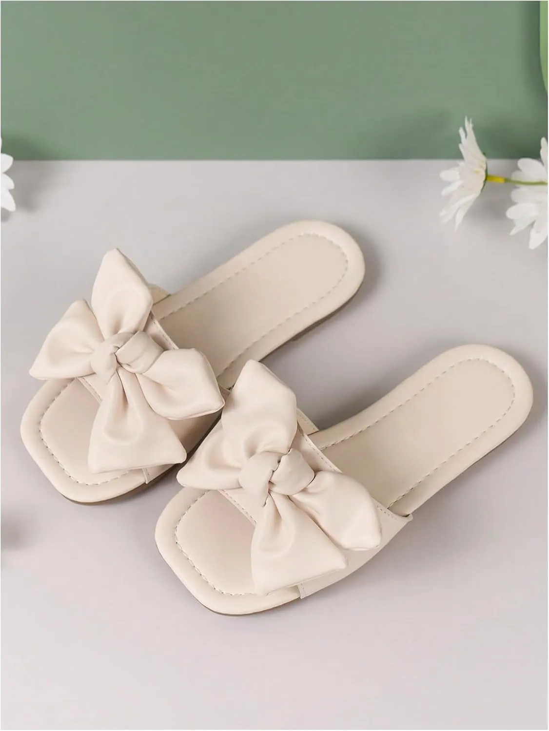 GORGLITTER Girl's Bow Tie Decor Single Band Flats Square Open Toe Pu Leather Slide Sandals