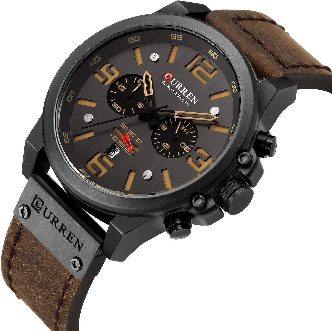 Gosasa Men Sport Chronograph Quartz Watch Brown Leather Strap Date 30M Waterproof Military Male Wrist Watch