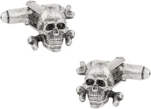 Gothic Skull and Crossbone Cufflinks - Unique 3D Skeleton Cuff-links for Men, Cool Shirt Studs Button Gift for Wedding Grooms Groomsmen - Silver Pirate & Punk Cuff links Mens for Halloween Party