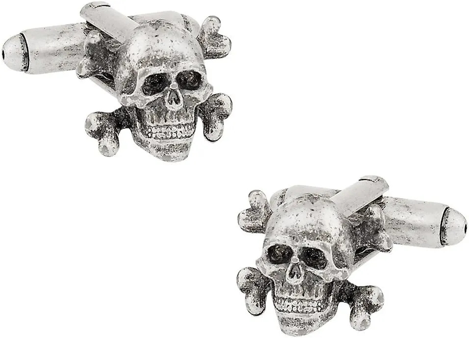 Gothic Skull and Crossbone Cufflinks - Unique 3D Skeleton Cuff-links for Men, Cool Shirt Studs Button Gift for Wedding Grooms Groomsmen - Silver Pirate & Punk Cuff links Mens for Halloween Party