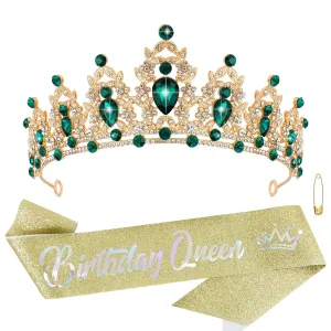 Green Birthday Crown and Birthday Queen Sash Tiara Birthday Girls Women Crystal Crown Princess Birthday Party Decorations Rhinestone Happy Birthday Accessories for Party Birthday Gifts, EF8277