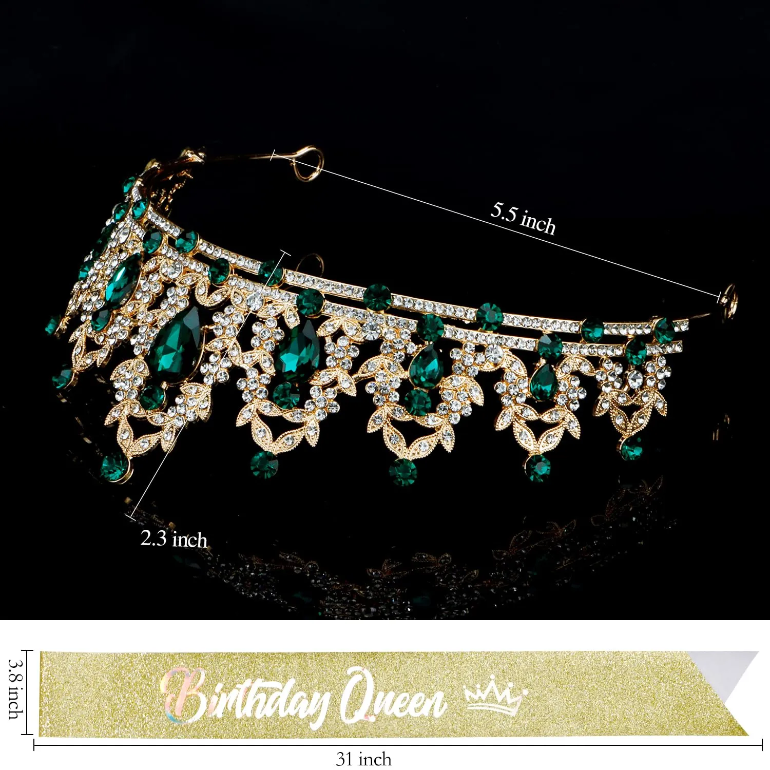 Green Birthday Crown and Birthday Queen Sash Tiara Birthday Girls Women Crystal Crown Princess Birthday Party Decorations Rhinestone Happy Birthday Accessories for Party Birthday Gifts, EF8277