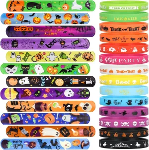 Halloween Party Favors for Kids - 50 Pack Slap Bracelets Halloween Decorations for Party Supplies, 36PCS Friendship Bracelet 14 Rubber Wristbands, Perfect Halloween Snap Bracelets for Halloween Treats
