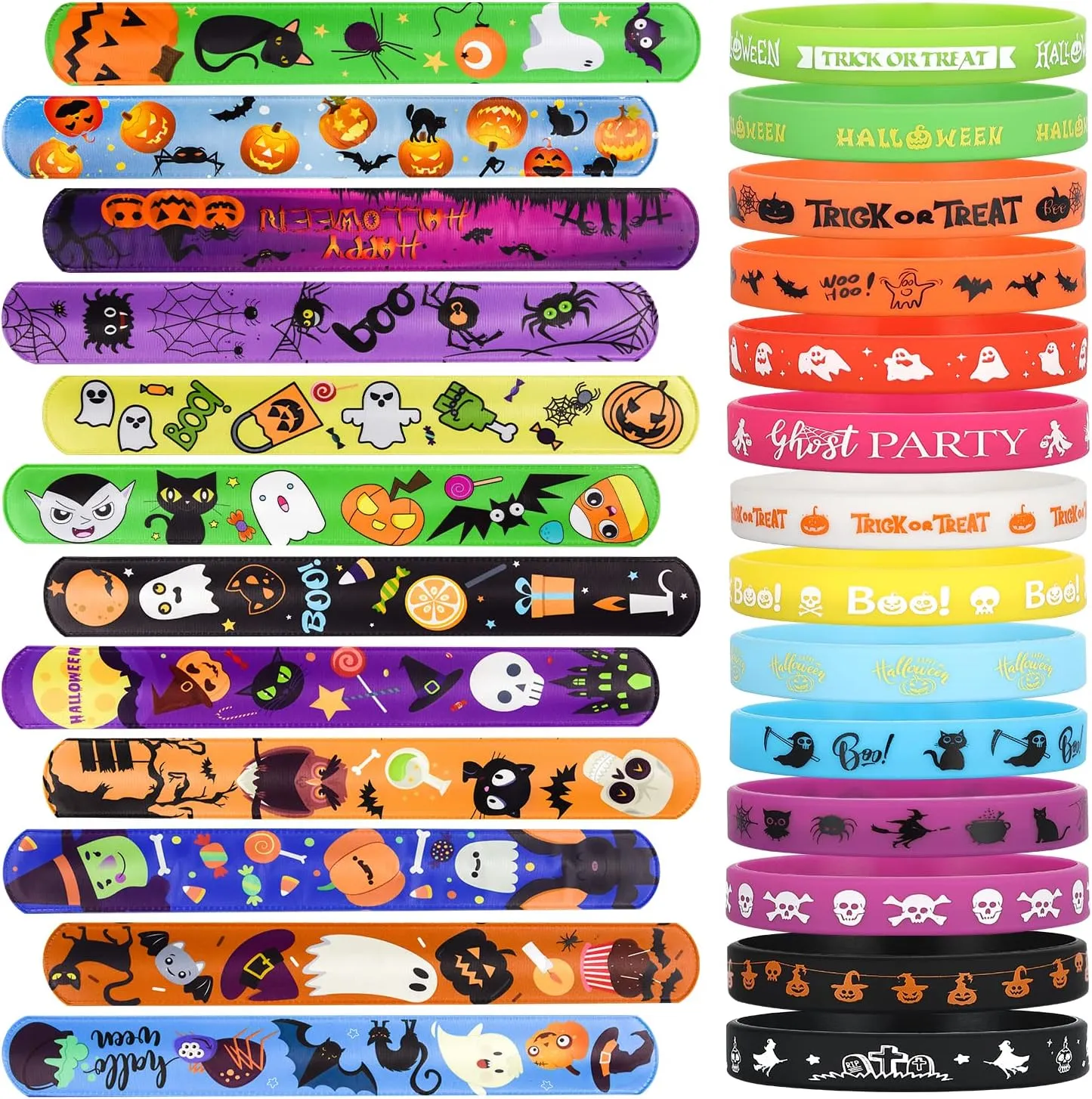 Halloween Party Favors for Kids - 50 Pack Slap Bracelets Halloween Decorations for Party Supplies, 36PCS Friendship Bracelet 14 Rubber Wristbands, Perfect Halloween Snap Bracelets for Halloween Treats