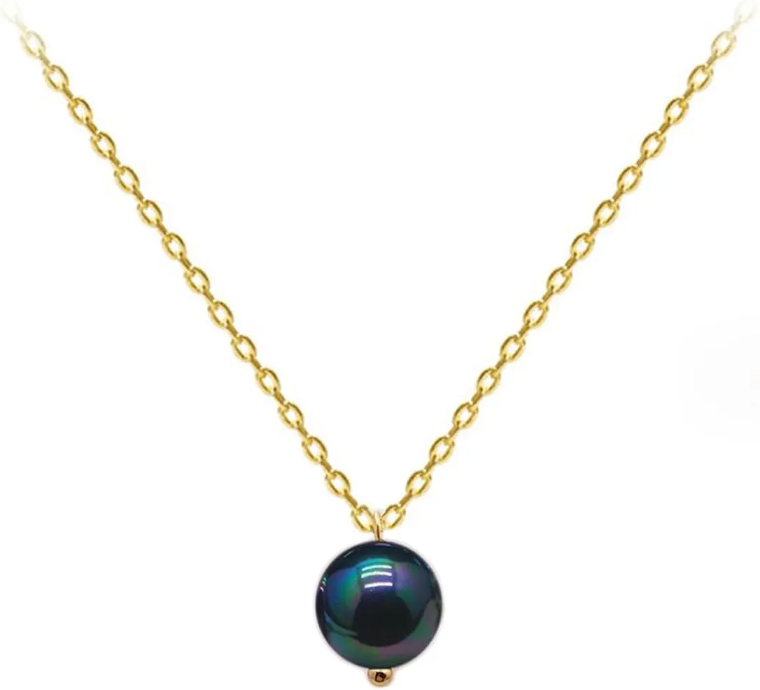 Handmade 10mm Single Black Pearl Necklace with Gold Chain for Women Imitate Pearl Pendant Choker (10mm Black Pearl)