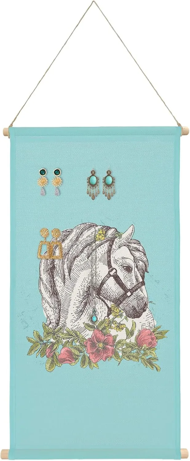 Hanging Earring Jewelry Organizer Bohemian White Horse Stub Earring Holder Necklace Earring Display Large Capacity Earring Hanging Organizer for Women Girls 12"x24"