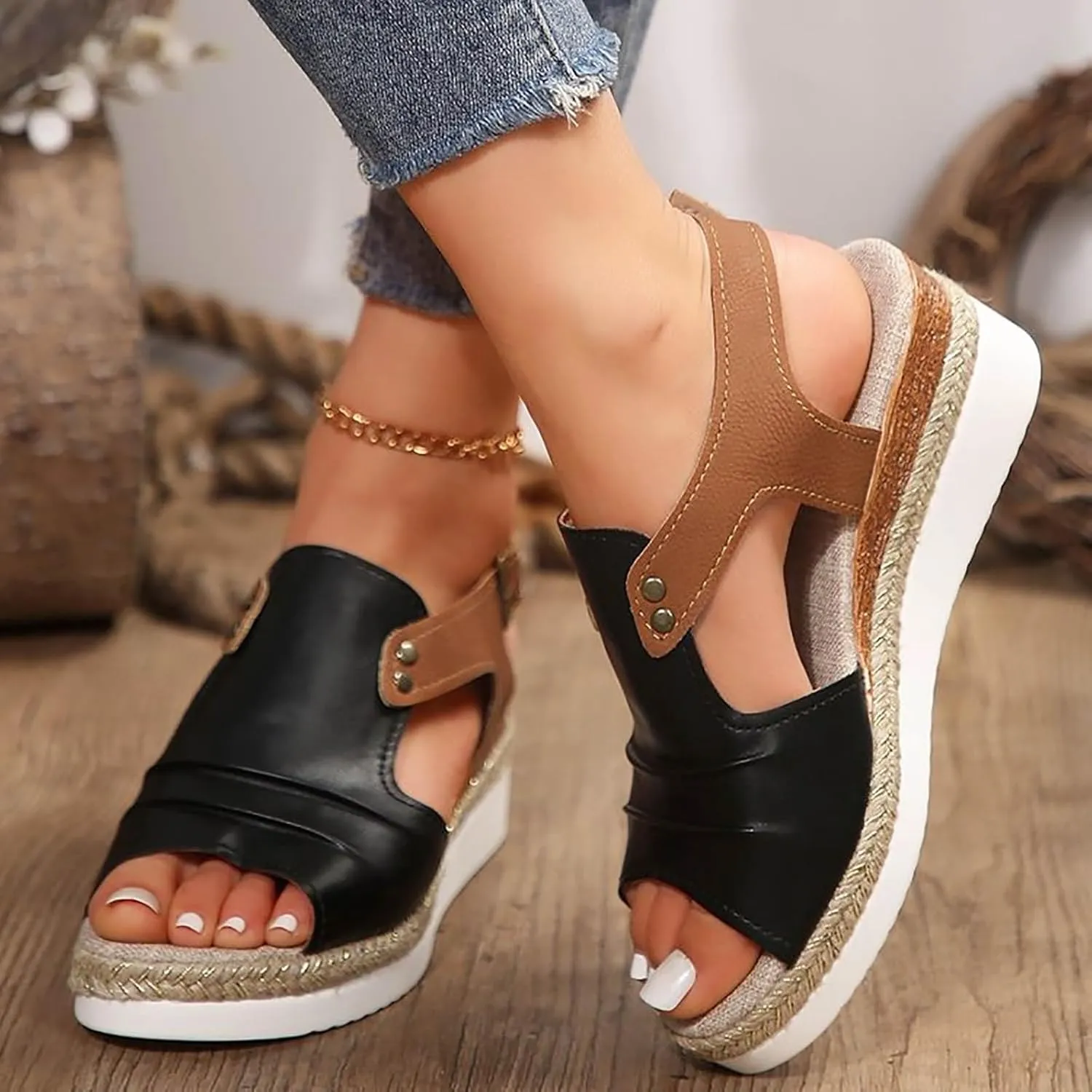 Hbeylia Orthopedic Wedge Sandals for Women Casual Summer Espadrille Platform Dressy Ankle Strap Sandal Strappy Arch Support Beach Comfortable Wedges Dress Shoes Women's Platform & Wedge Sandals