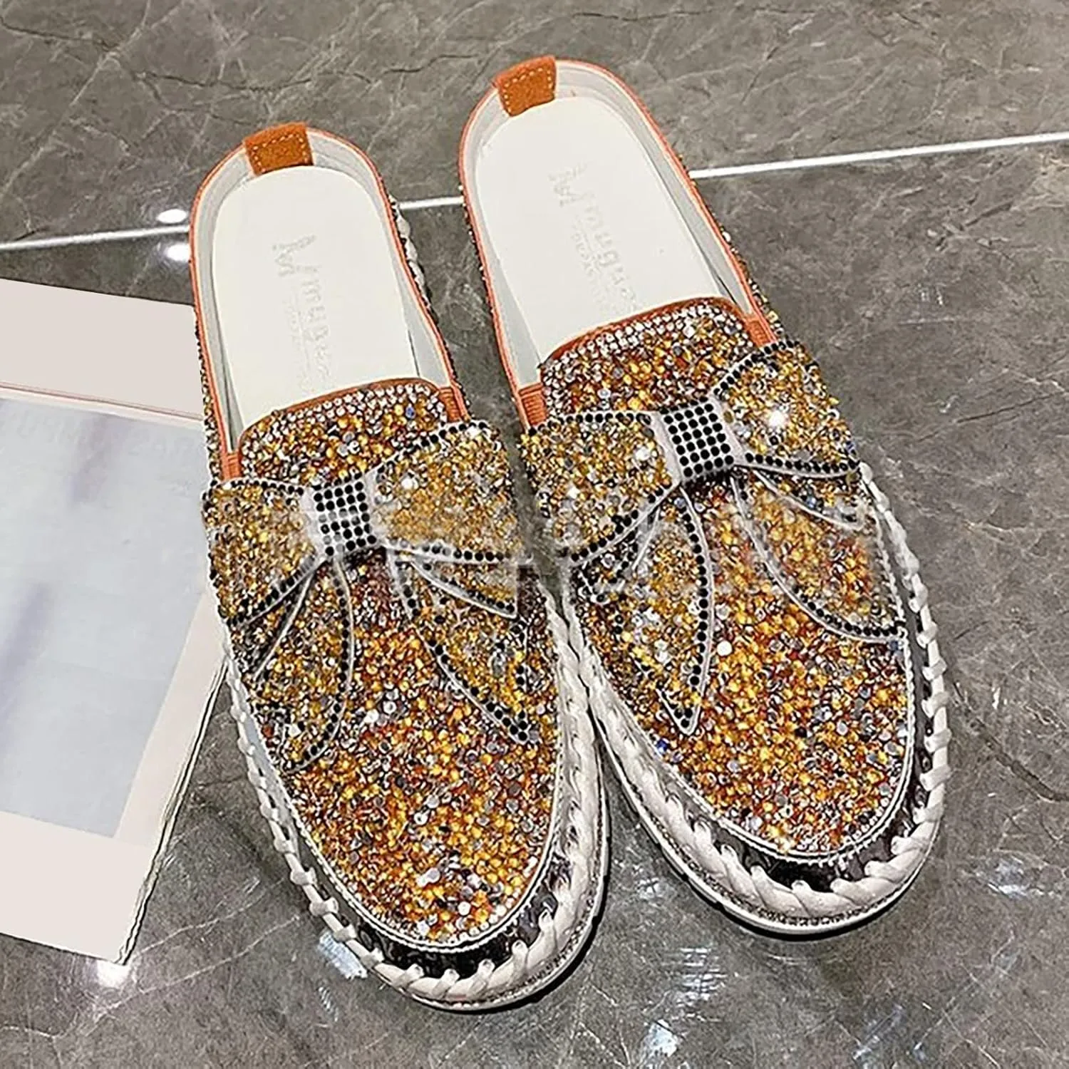 Hbeylia Women's Slip On Mule Sneakers Fashion Sequin Rhinestones Bowknot Design Platform Wedge Breathable Slippers Hiking Work Nurse Shoes Chunky Flat Heels Sliders Walking Shoes