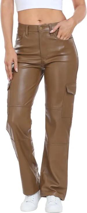 HDE Women's Faux Leather Cargo Pants with Pockets High Waisted Y2K Relaxed Pant