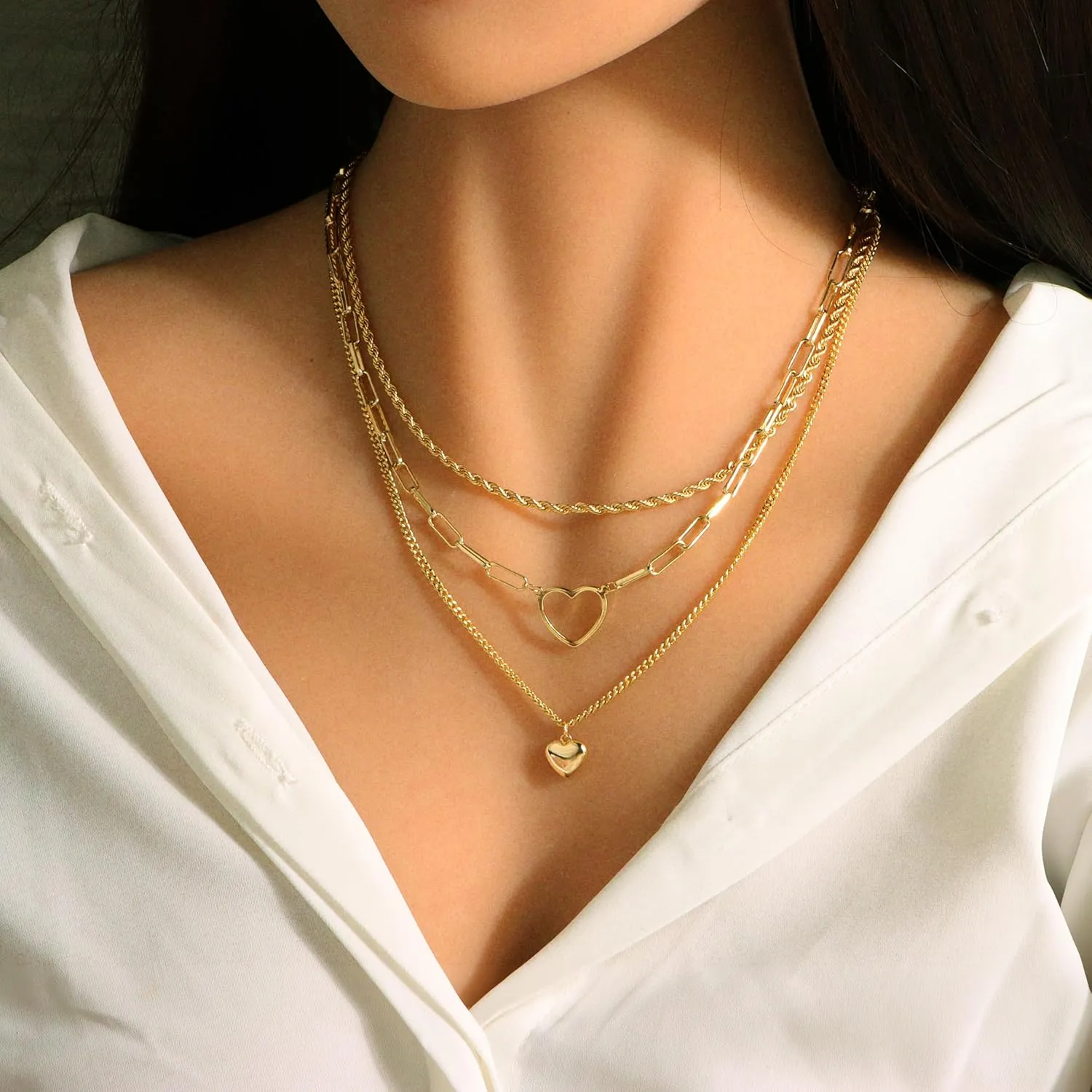 Heart Necklace Layered Necklaces for Women Trendy 14k Gold Plated Heart Pendan Rope Chain Cuban Link Paperclip Chain necklaces Stack Sets Jewelry Gifts
